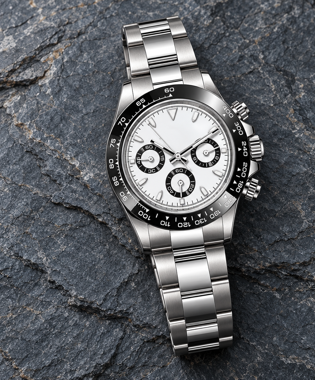 Speedline Monochrome Sport white-panda chronograph, full front view on charcoal slate studio surface