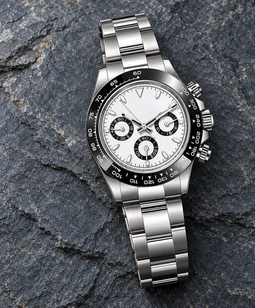 Speedline Monochrome Sport white-panda chronograph, full front view on charcoal slate studio surface