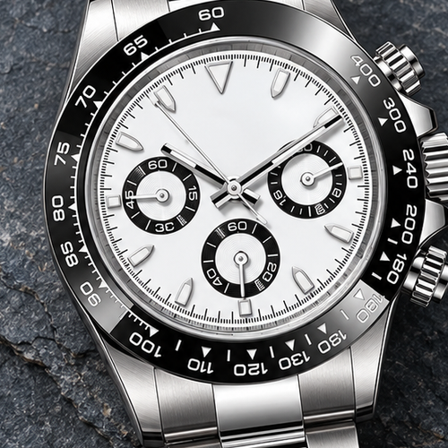 Speedline Monochrome Sport white-panda dial and tachymeter bezel detail on charcoal slate studio surface