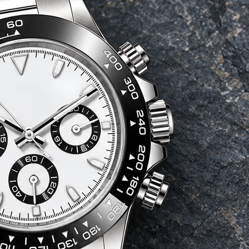 Speedline Monochrome Sport crown and chronograph pushers detail on charcoal slate studio surface