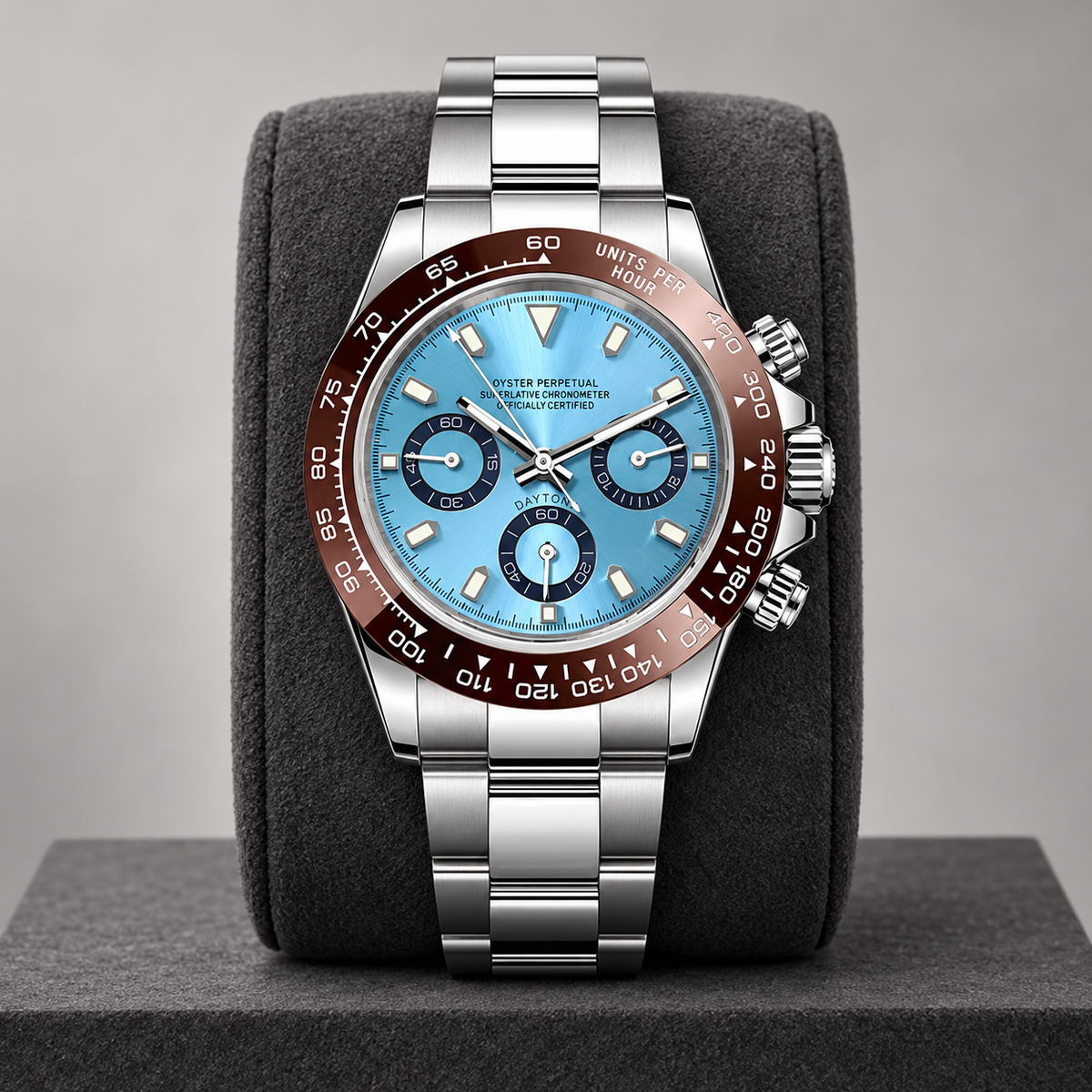 Speedline Chronograph Platinum front view on a charcoal suede cushion in a gray studio
