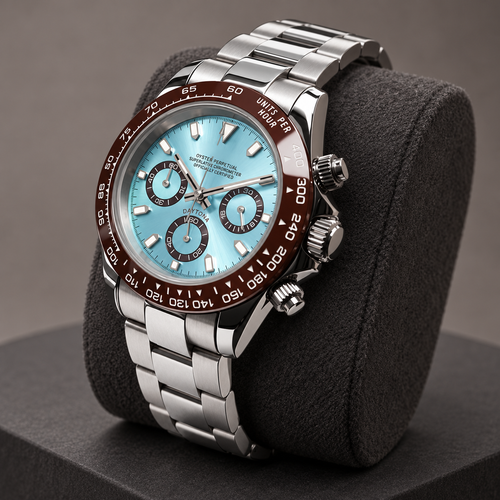 Speedline Chronograph Platinum crown-side view on charcoal suede in a studio