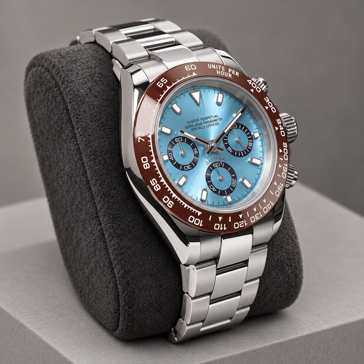 Speedline Chronograph Platinum opposite three-quarter view on graphite suede in a studio