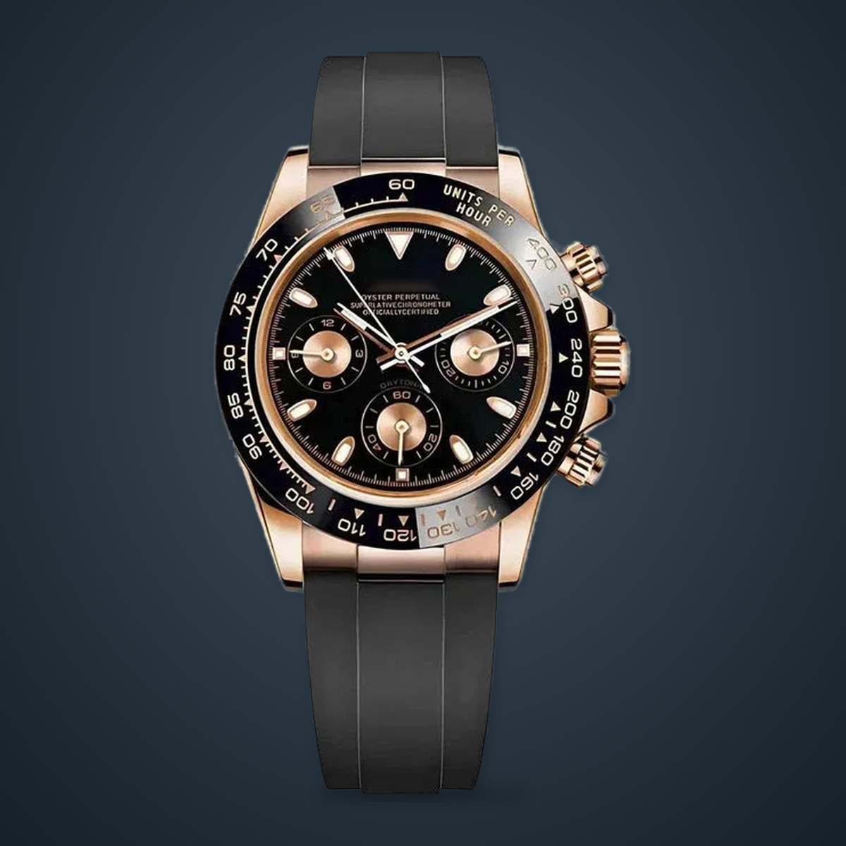 Front view of the Speedline Chronograph – Rose Gold Sport with black three-register dial, rose-gold-tone case and black rubber strap on a deep blue studio background.