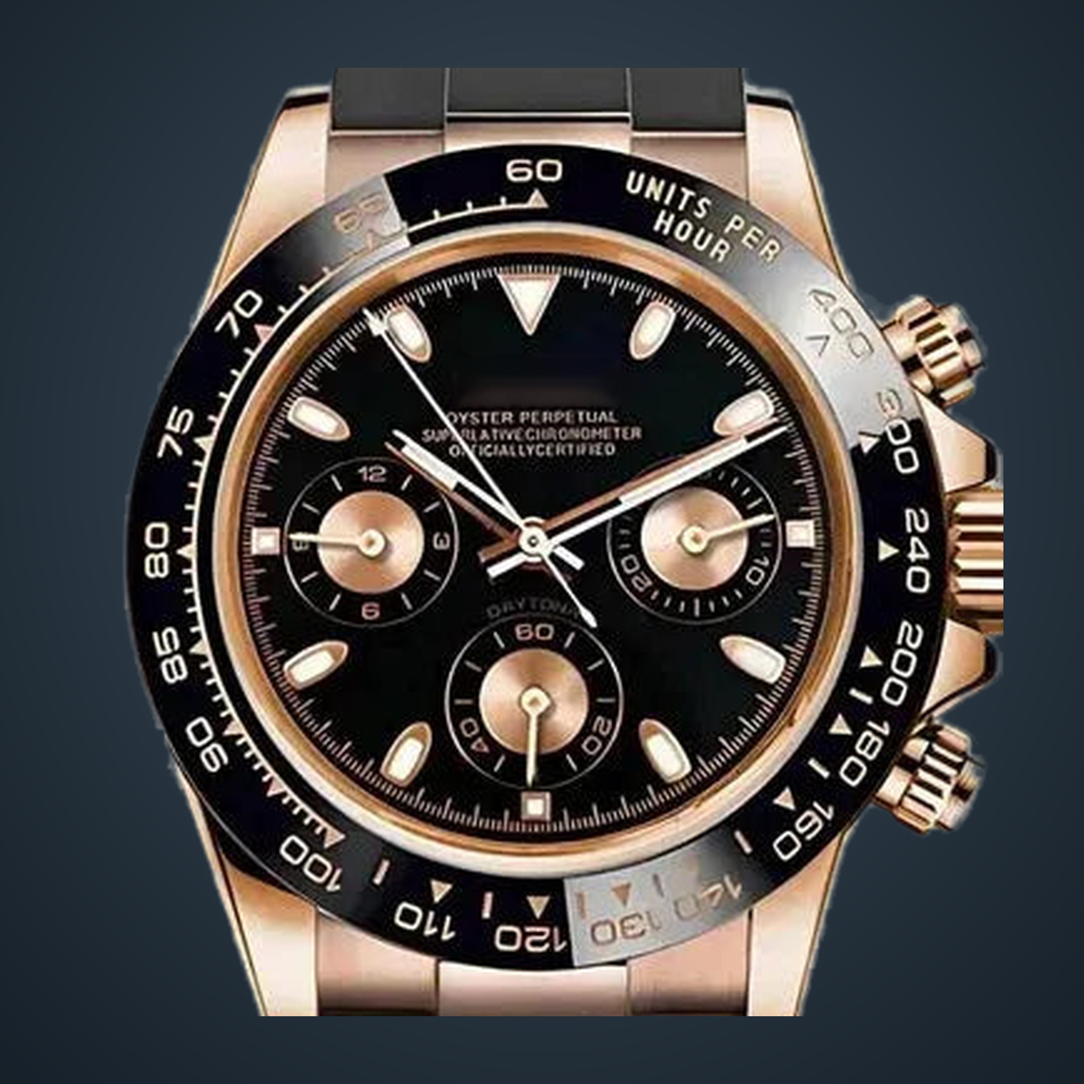 Close-up of the Speedline Chronograph – Rose Gold Sport's black dial, three rose-gold-tone subdial rings and tachymeter bezel, with the crown and pushers visible at the edge, on a deep blue studio background.