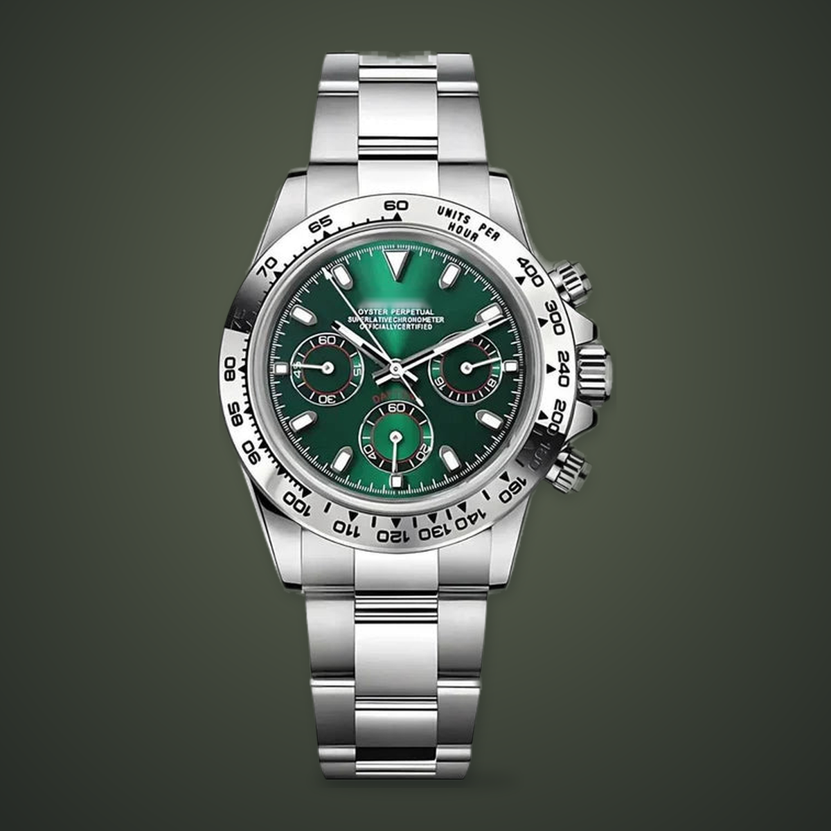 Front view of the Silver & Forest Green Speedline VK63 meca-quartz chronograph, with a green dial, silver case and tachymeter bezel, and steel bracelet on a moss-olive studio background.