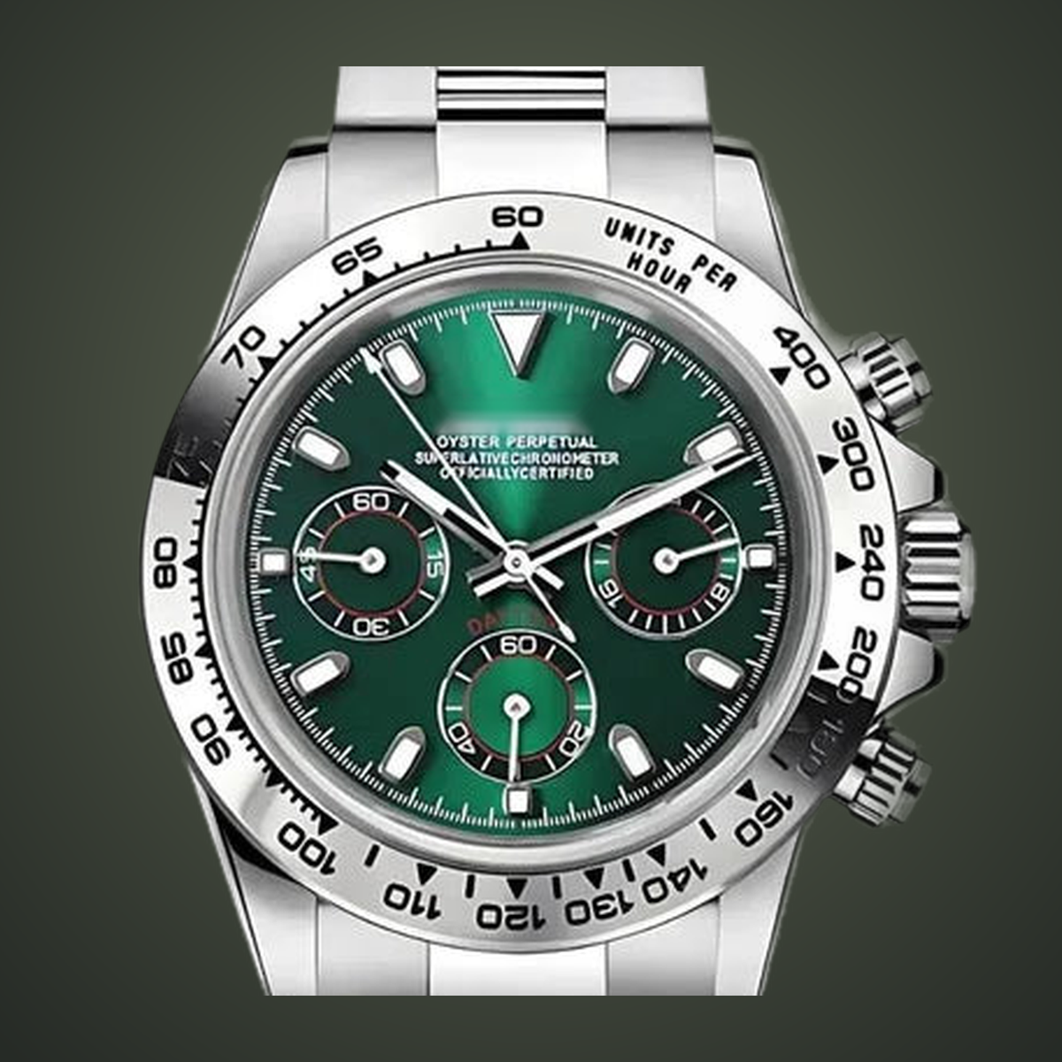 Close-up of the green Speedline chronograph dial, three subdials and silver tachymeter bezel on a moss-olive studio background.