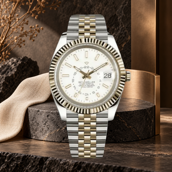 Celestial Calendar Two-Tone White and Gold on charcoal basalt with bronze display details