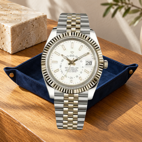 Celestial Calendar Two-Tone White and Gold in a navy suede tray on warm oak