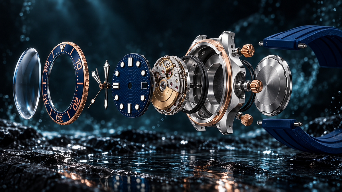 Exploded view of a blue and rose-gold CrownLab sport watch