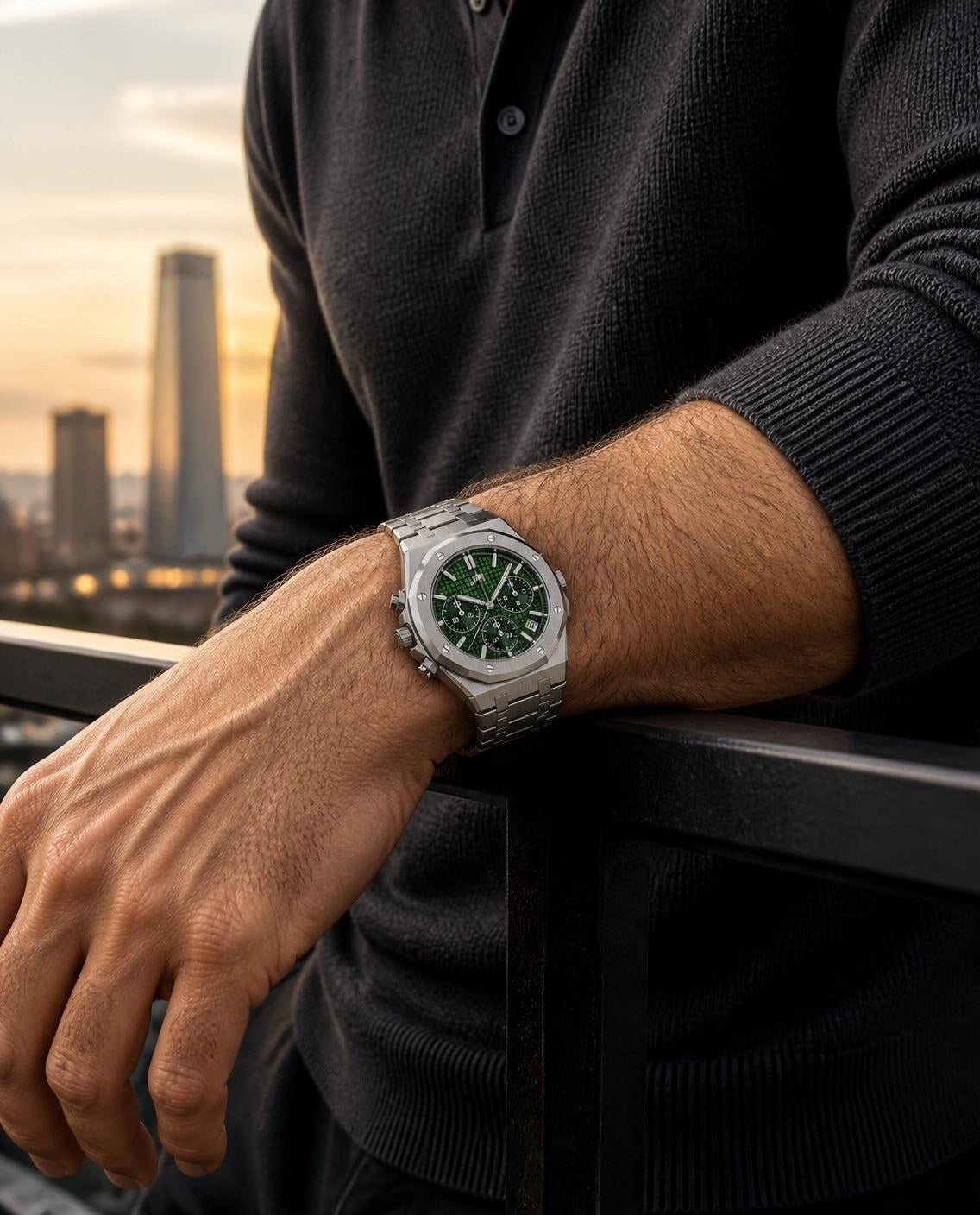 Man wearing the CrownLab Royal Sportline Chronograph Forest Green