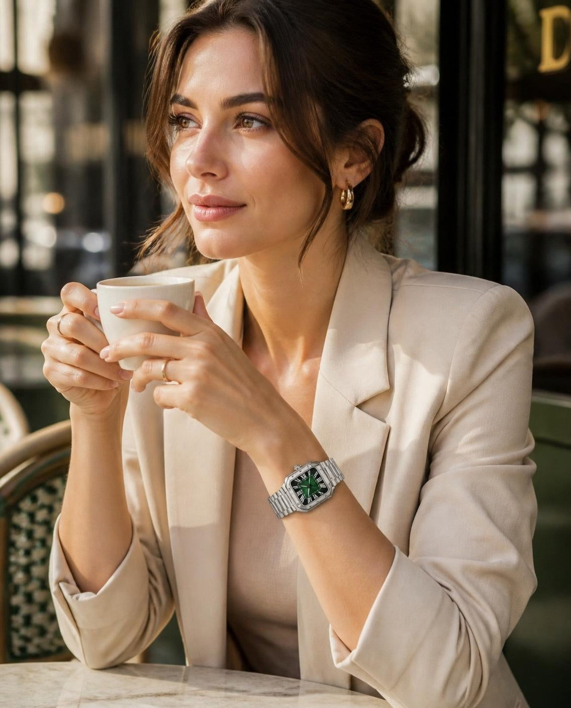 Woman at a café wearing the CrownLab Santé Square Green Burst