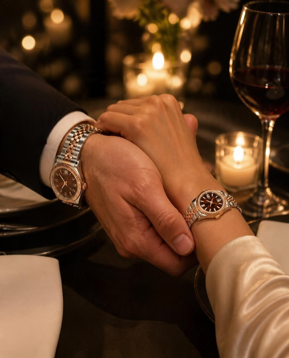 A couple wearing the CrownLab Duet Cacao Rosé matching watches