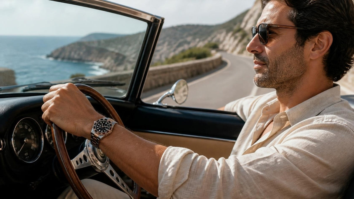 Driving along the coast wearing the CrownLab GMT Navigator