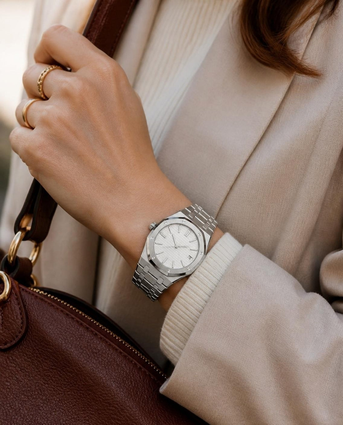 Woman wearing the CrownLab Royal Sportline Ghost White
