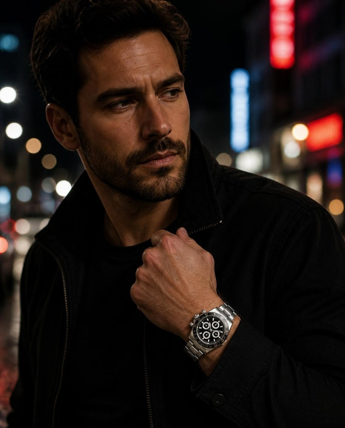 Speedline Chronograph Stealth Black on the wrist at night