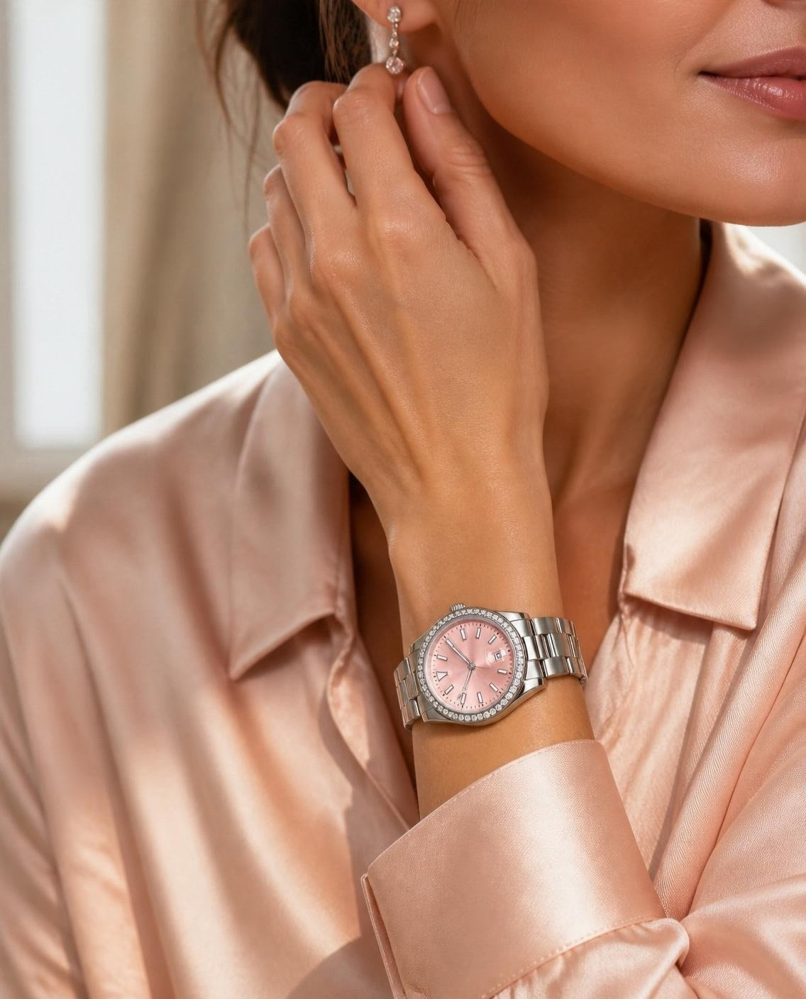 Woman wearing the CrownLab Date Classic Pink Diamond