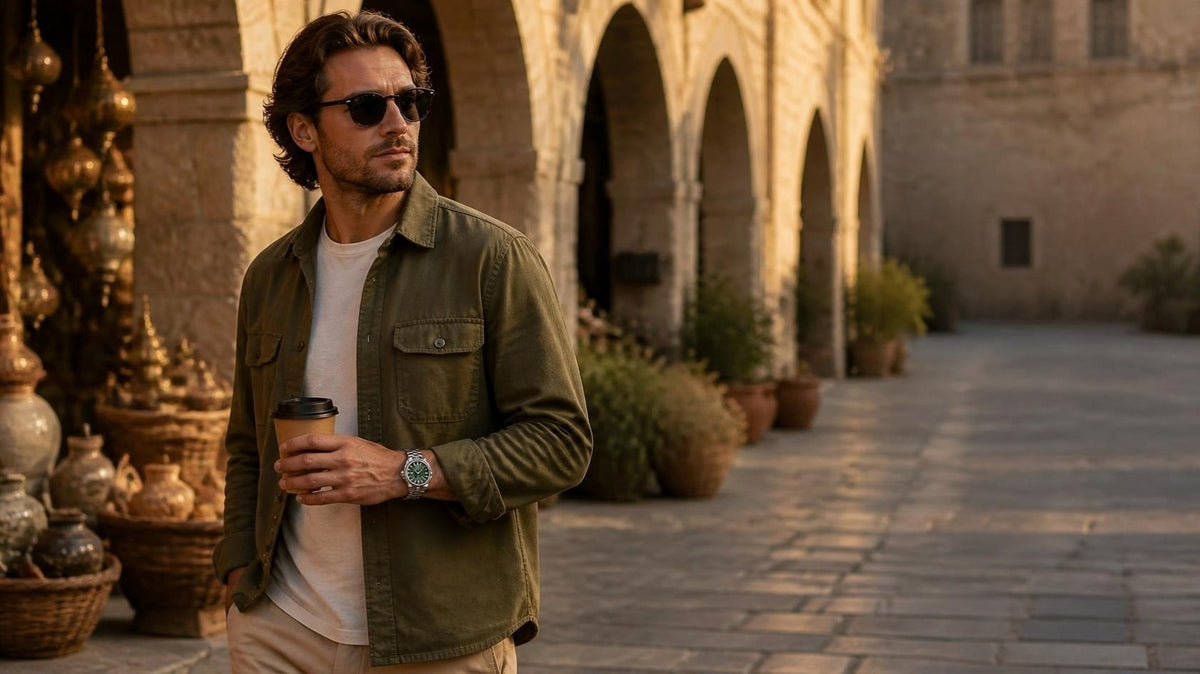 Walking through an old stone street wearing the CrownLab Crown Numeral Date