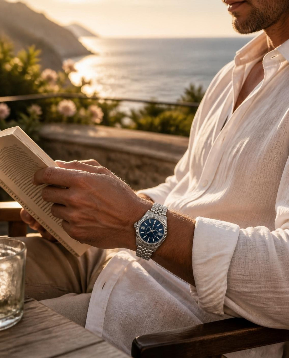 CrownLab Celestial Calendar Abyss Blue on the wrist by the sea