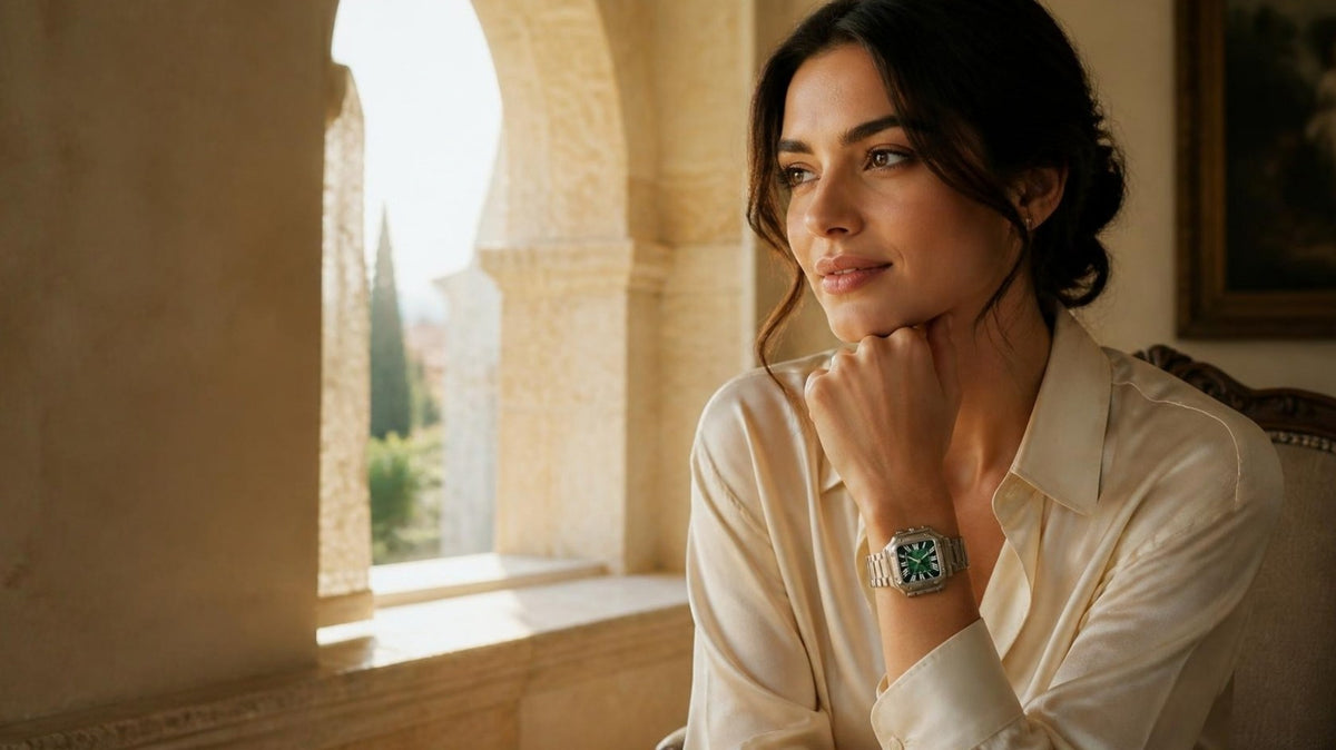 Woman by an arched window wearing the CrownLab Santé Square Green Burst