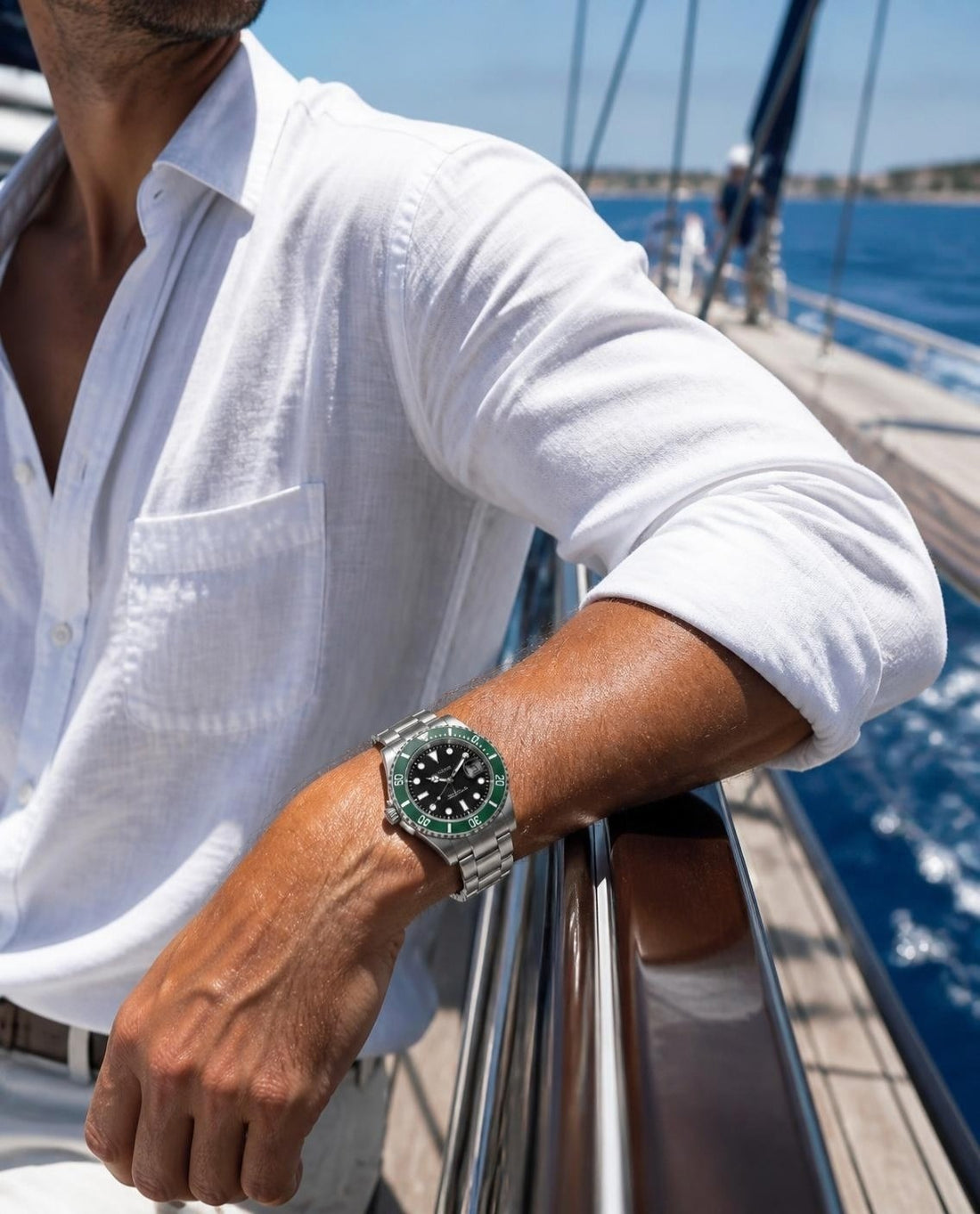 Marine Diver Green Bezel on the wrist aboard a yacht